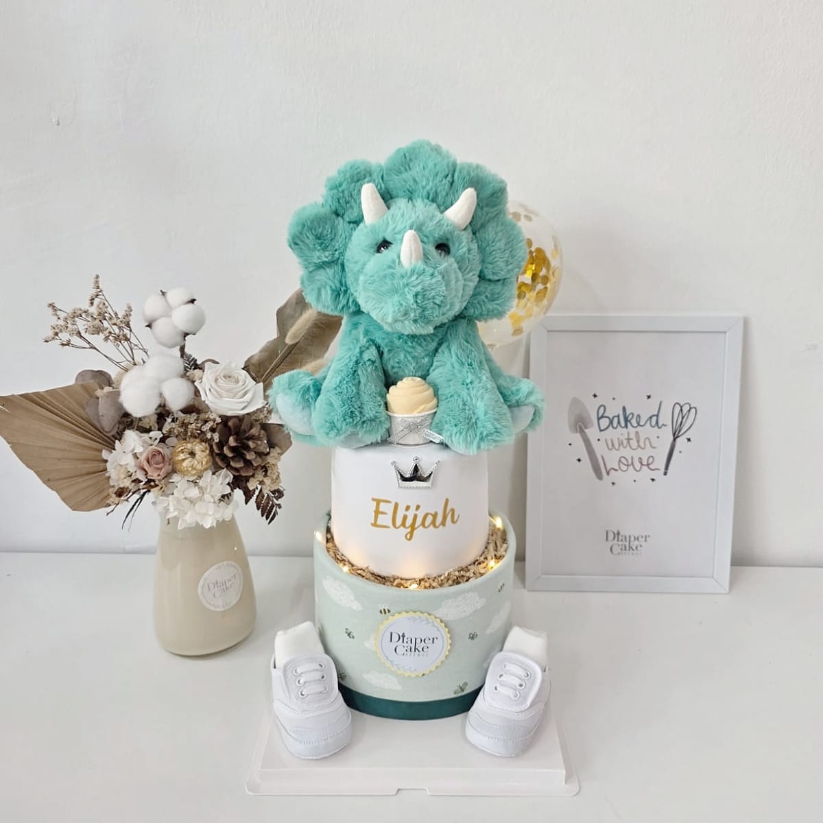 (NEW 2026) Personalised Little Sage Dino Diaper Cake
