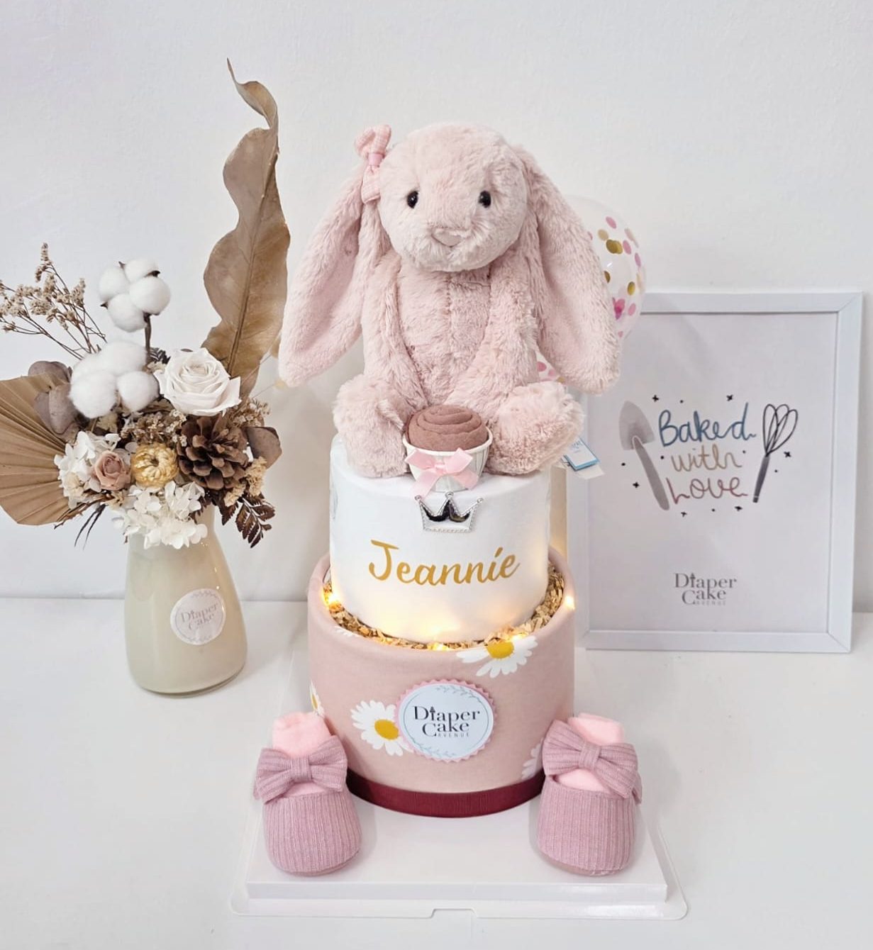 (NEW 2026) Jellycat Bashful Blush Bunny Personalised Diaper Cake